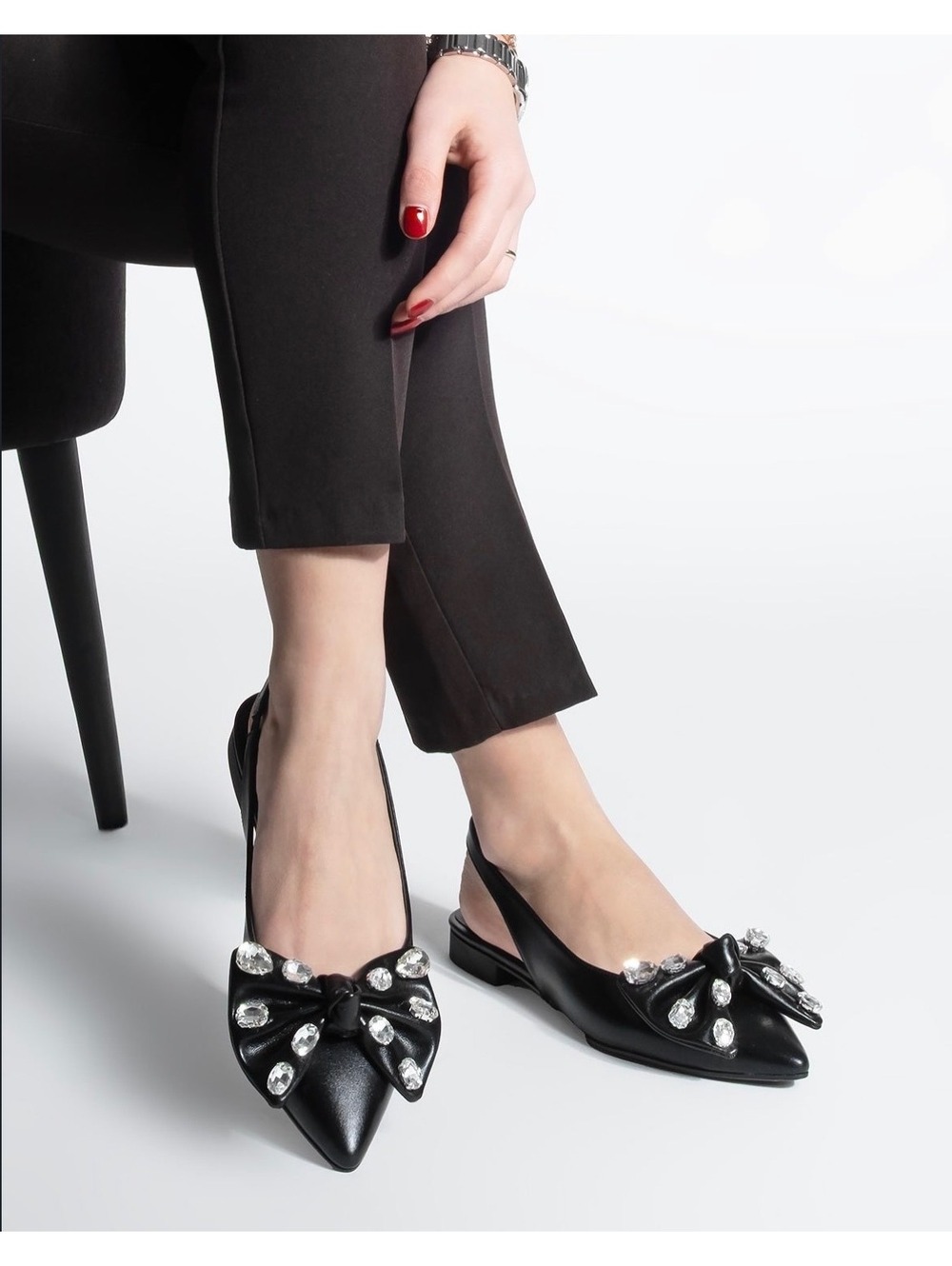 Moata Black Patent Leather Slingback Flats with Crystal Bow Accent, Size 9